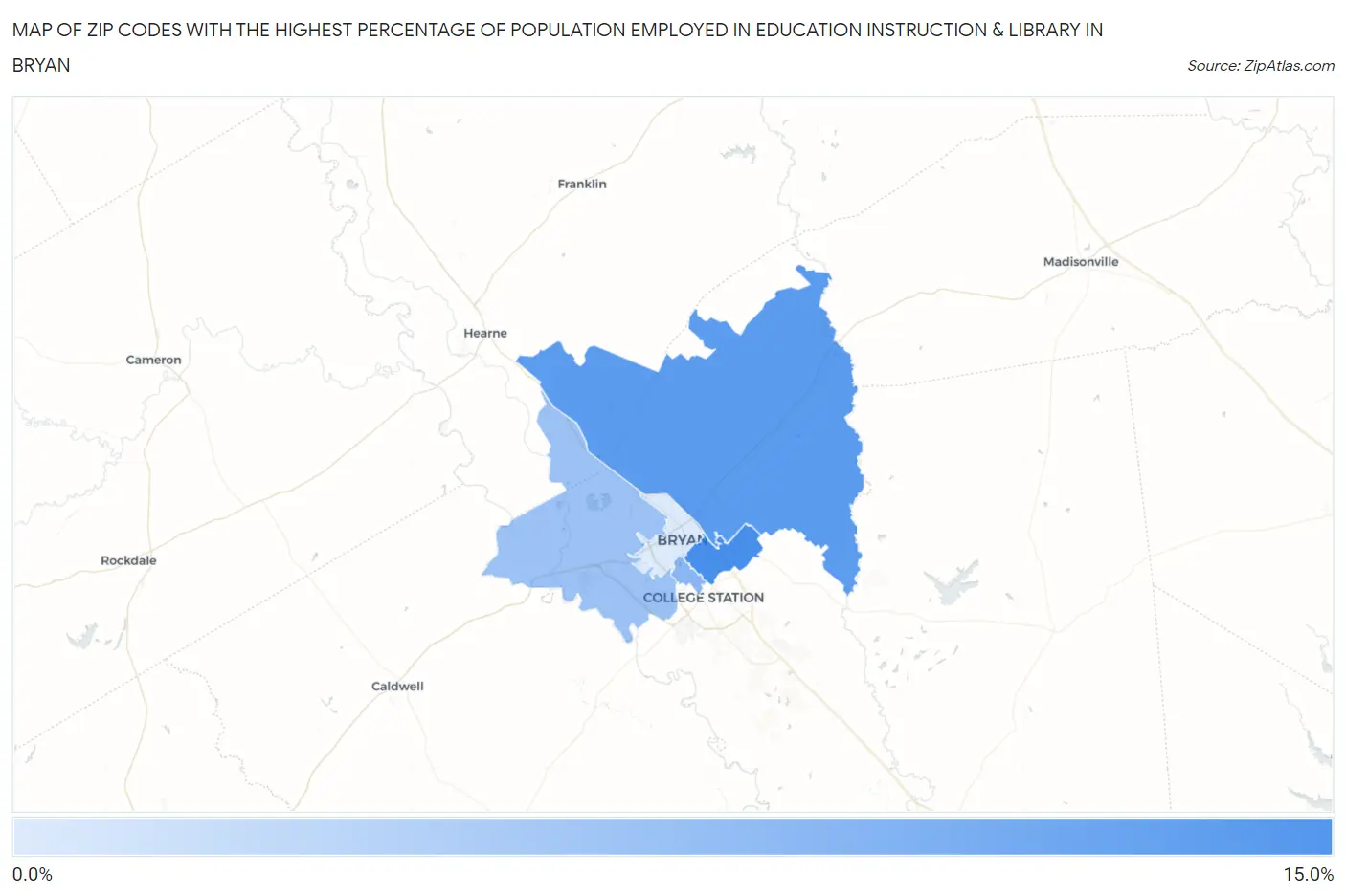 Zip Codes with the Highest Percentage of Population Employed in Education Instruction & Library in Bryan Map