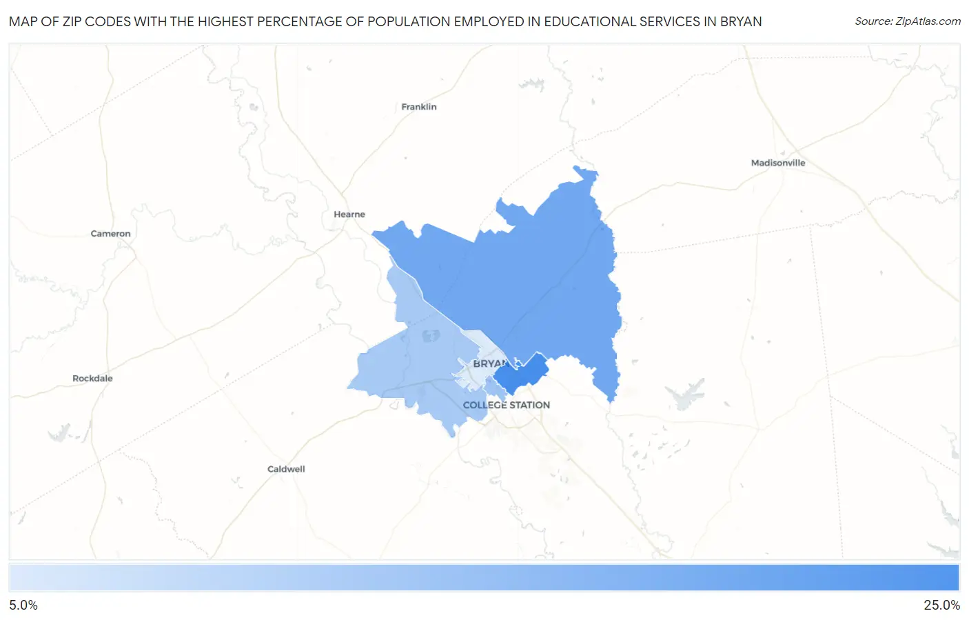 Zip Codes with the Highest Percentage of Population Employed in Educational Services in Bryan Map