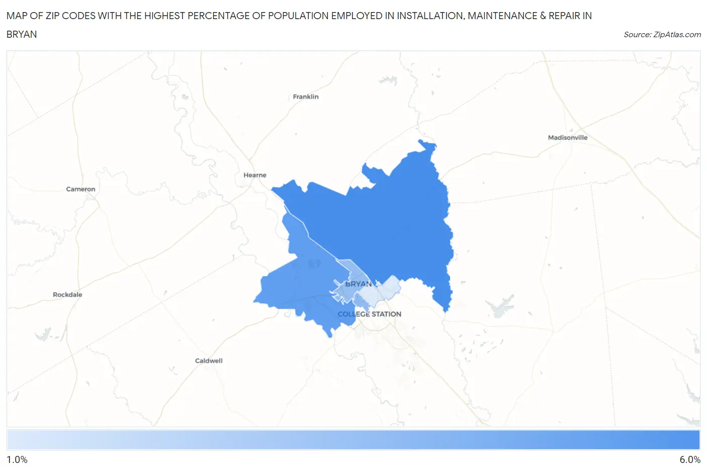 Zip Codes with the Highest Percentage of Population Employed in Installation, Maintenance & Repair in Bryan Map