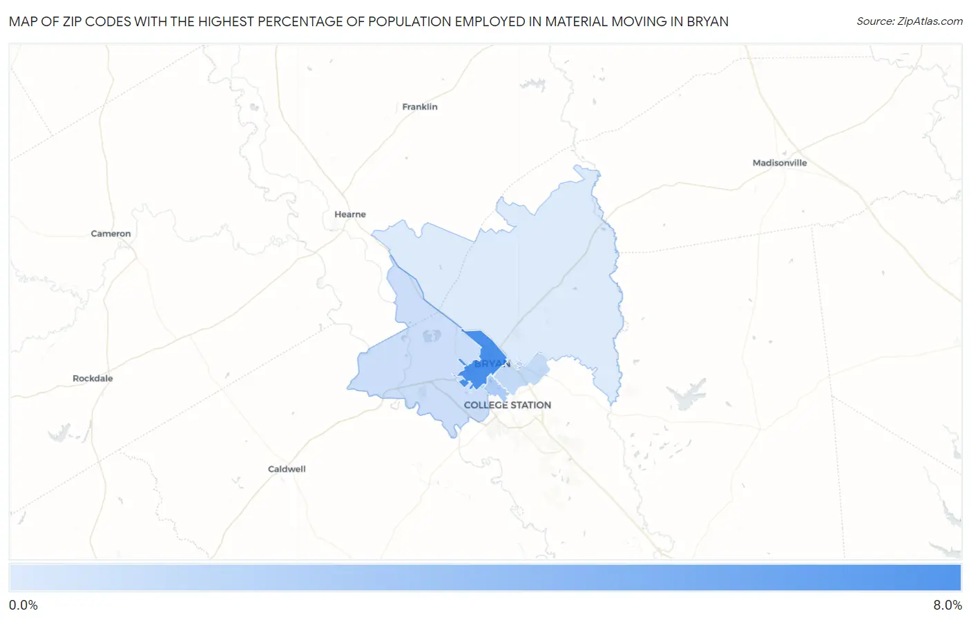 Zip Codes with the Highest Percentage of Population Employed in Material Moving in Bryan Map
