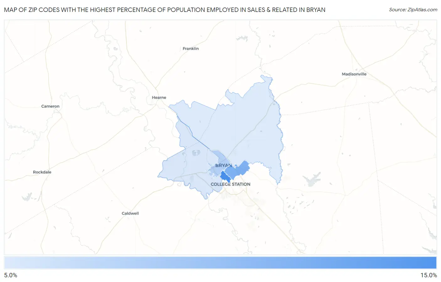Zip Codes with the Highest Percentage of Population Employed in Sales & Related in Bryan Map