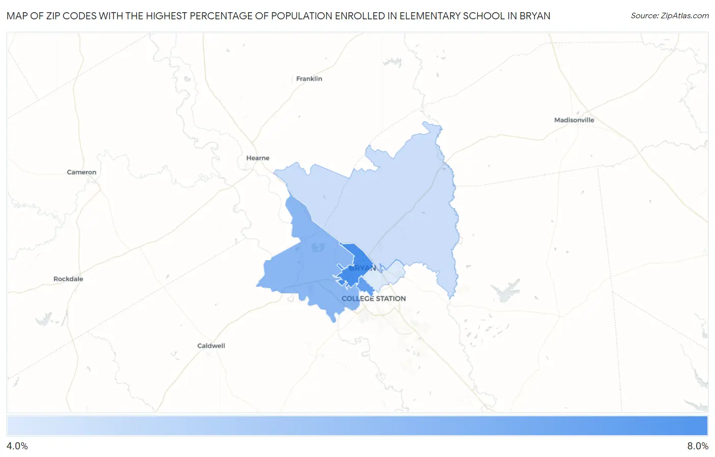 Zip Codes with the Highest Percentage of Population Enrolled in Elementary School in Bryan Map