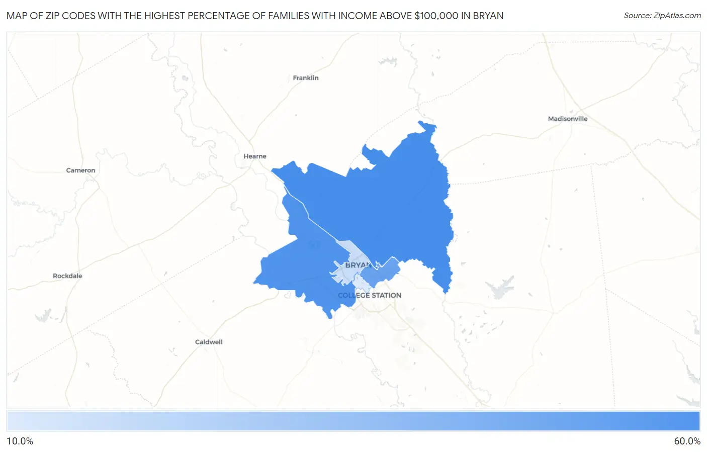 Zip Codes with the Highest Percentage of Families with Income Above $100,000 in Bryan Map