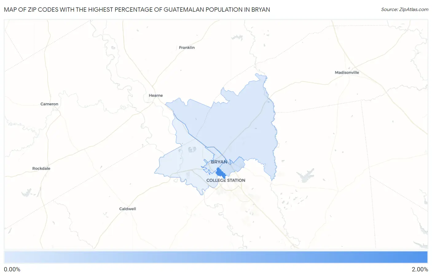 Zip Codes with the Highest Percentage of Guatemalan Population in Bryan Map