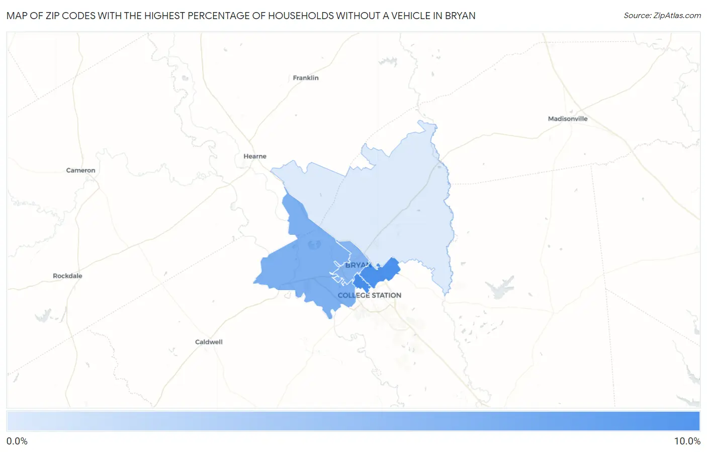 Zip Codes with the Highest Percentage of Households Without a Vehicle in Bryan Map