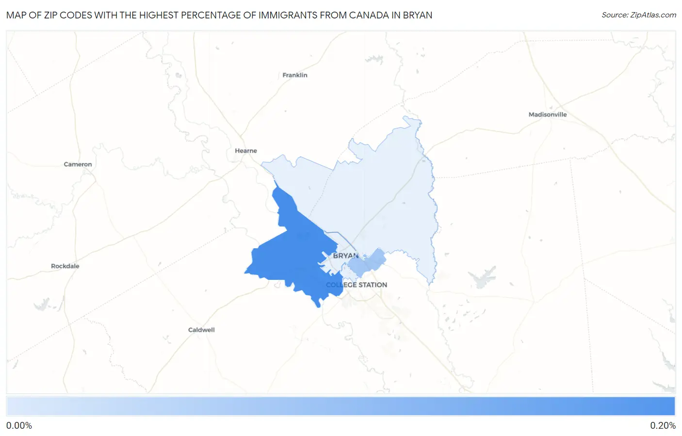 Zip Codes with the Highest Percentage of Immigrants from Canada in Bryan Map