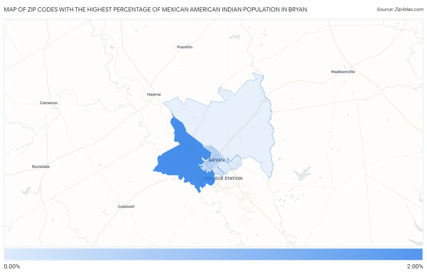 Zip Codes with the Highest Percentage of Mexican American Indian Population in Bryan Map