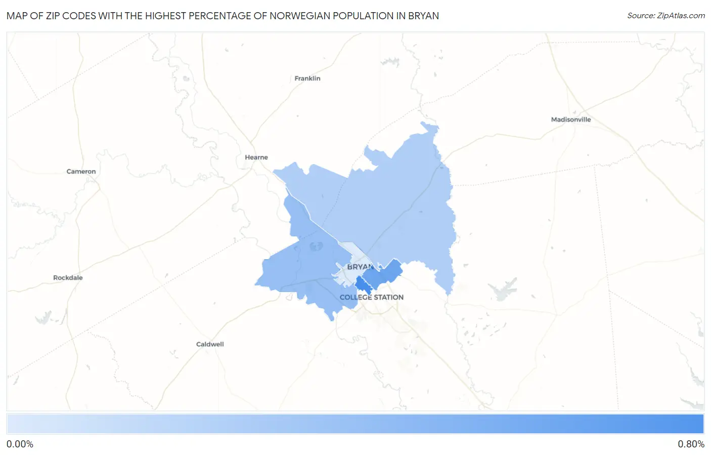 Zip Codes with the Highest Percentage of Norwegian Population in Bryan Map