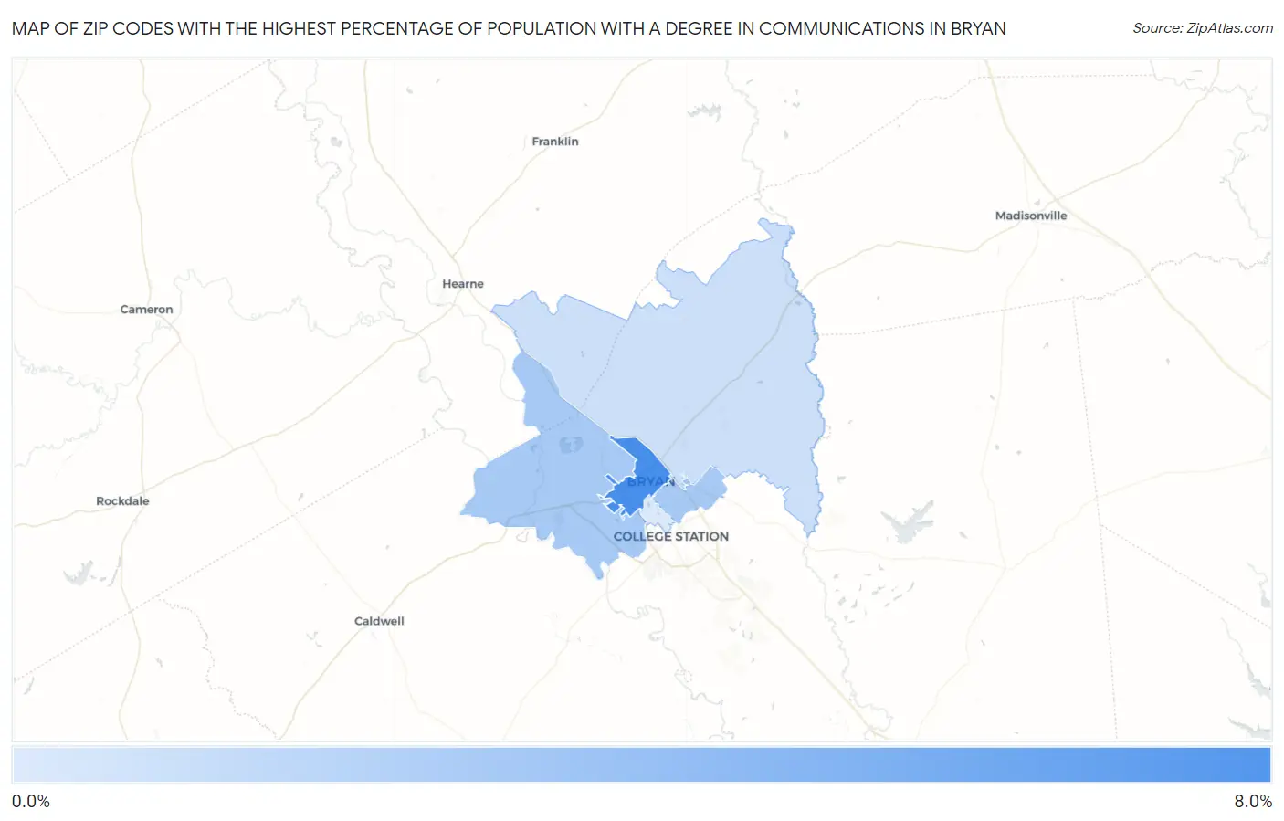 Zip Codes with the Highest Percentage of Population with a Degree in Communications in Bryan Map