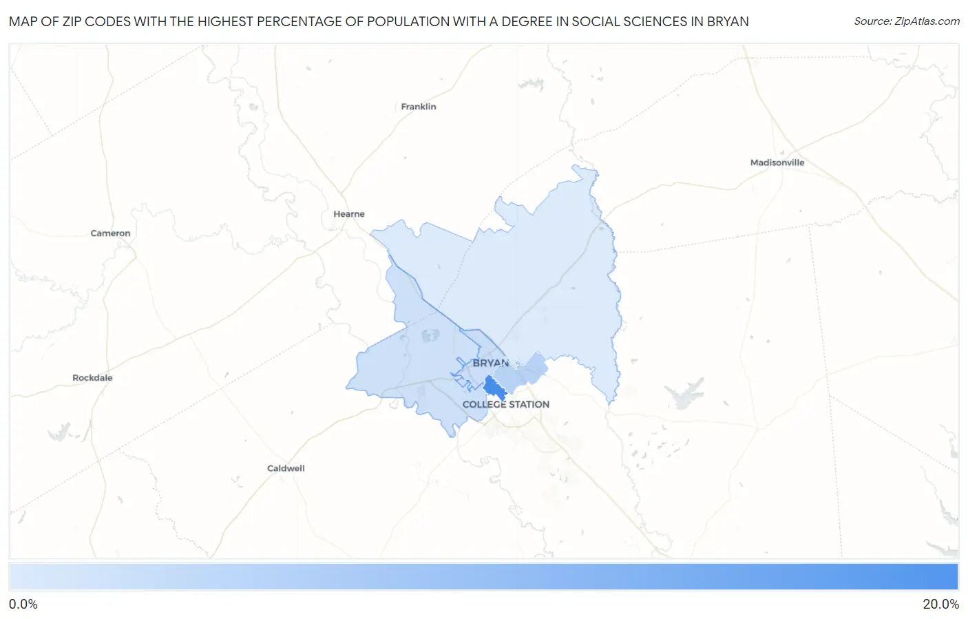 Zip Codes with the Highest Percentage of Population with a Degree in Social Sciences in Bryan Map