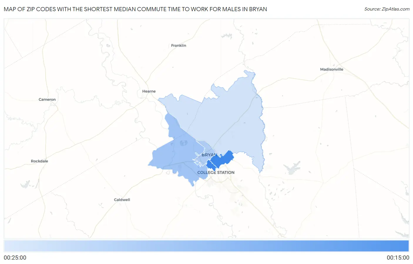 Zip Codes with the Shortest Median Commute Time to Work for Males in Bryan Map