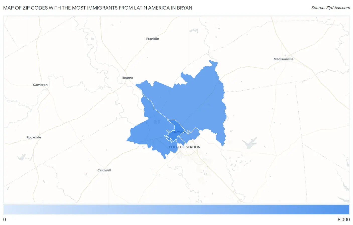Zip Codes with the Most Immigrants from Latin America in Bryan Map