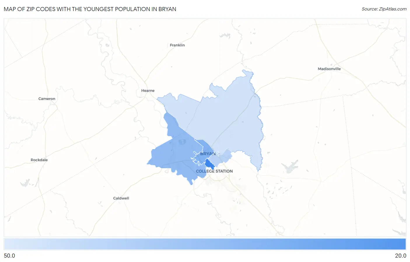 Zip Codes with the Youngest Population in Bryan Map