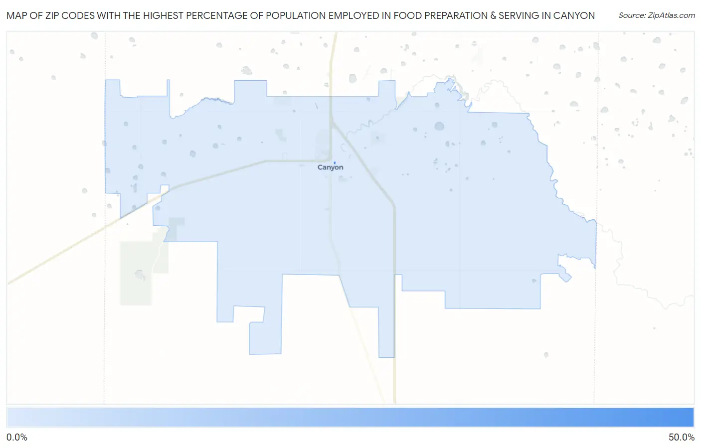 Zip Codes with the Highest Percentage of Population Employed in Food Preparation & Serving in Canyon Map
