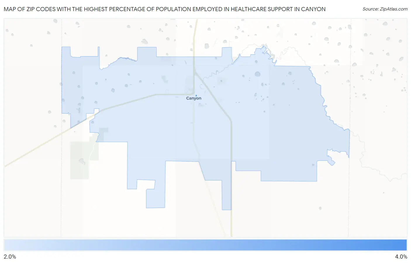 Zip Codes with the Highest Percentage of Population Employed in Healthcare Support in Canyon Map