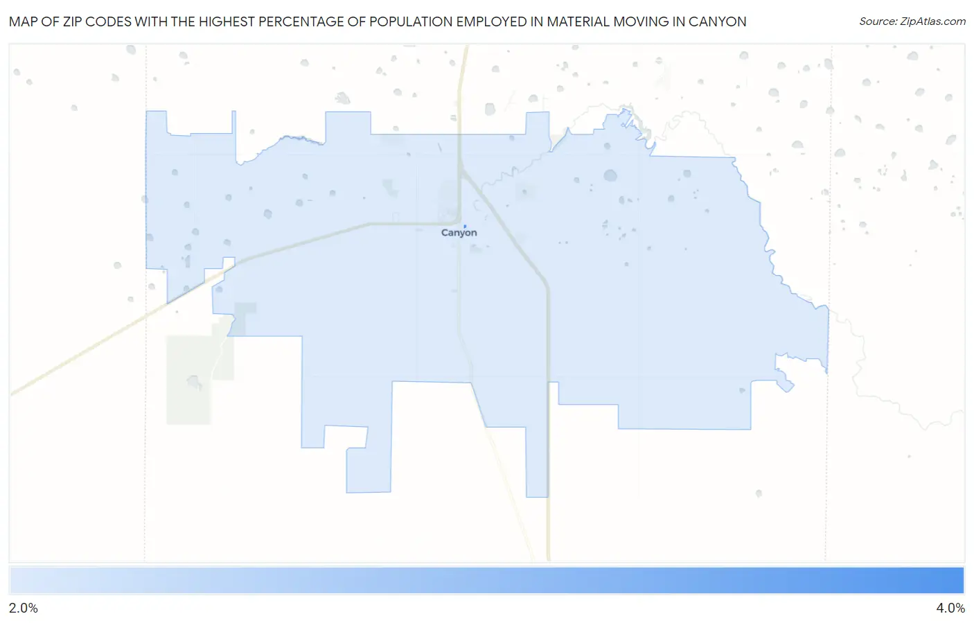 Zip Codes with the Highest Percentage of Population Employed in Material Moving in Canyon Map
