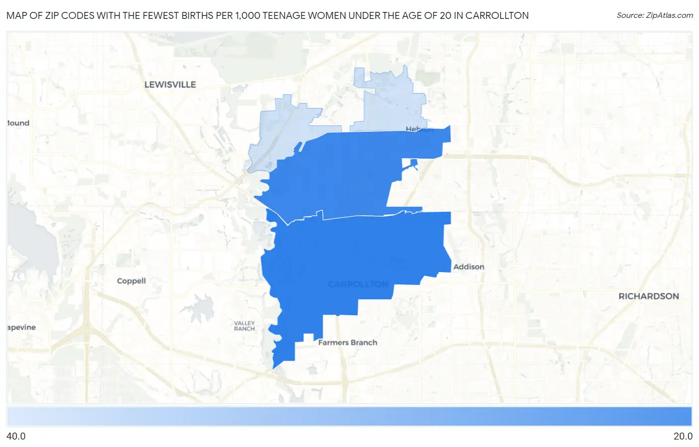 Zip Codes with the Fewest Births per 1,000 Teenage Women Under the Age of 20 in Carrollton Map