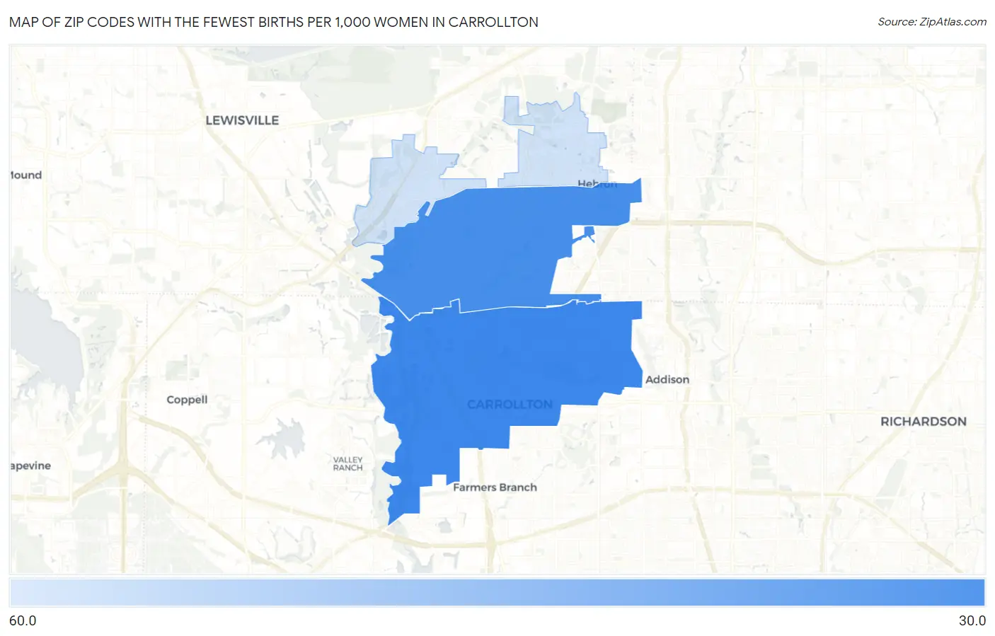 Zip Codes with the Fewest Births per 1,000 Women in Carrollton Map