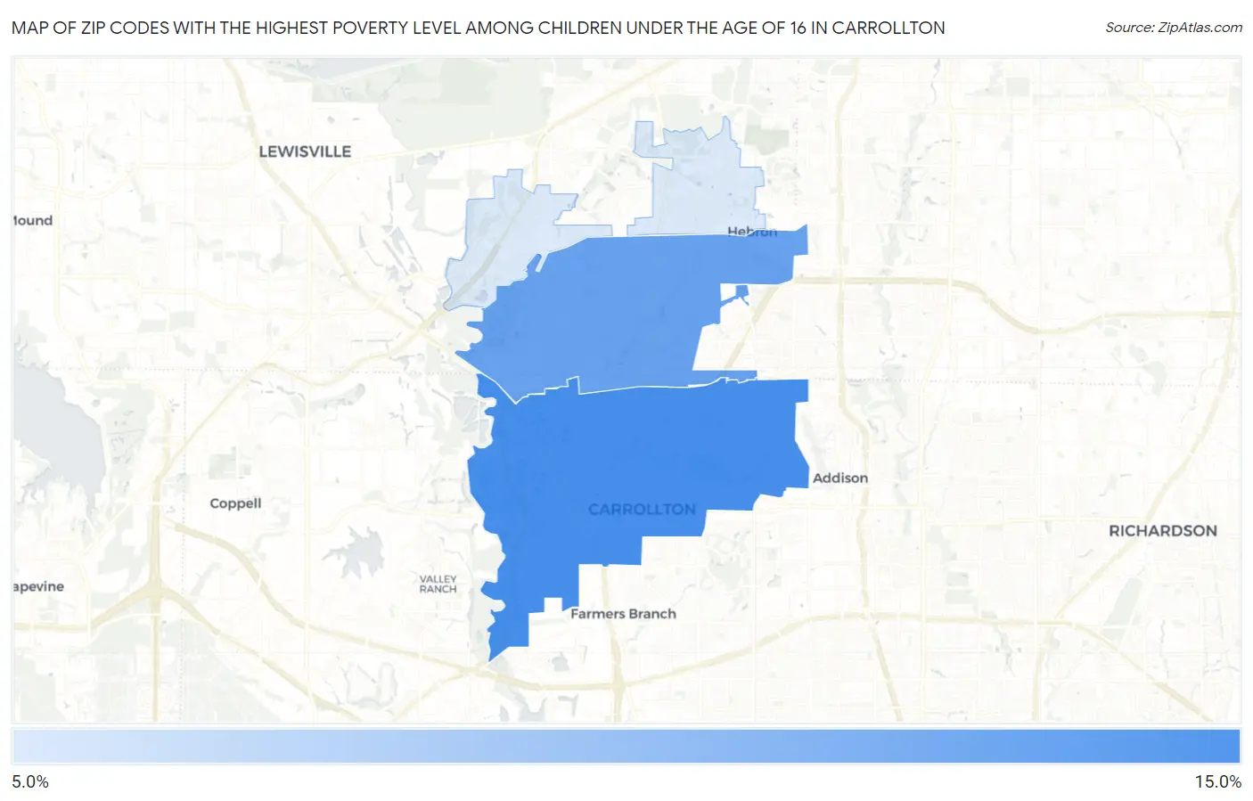 Zip Codes with the Highest Poverty Level Among Children Under the Age of 16 in Carrollton Map