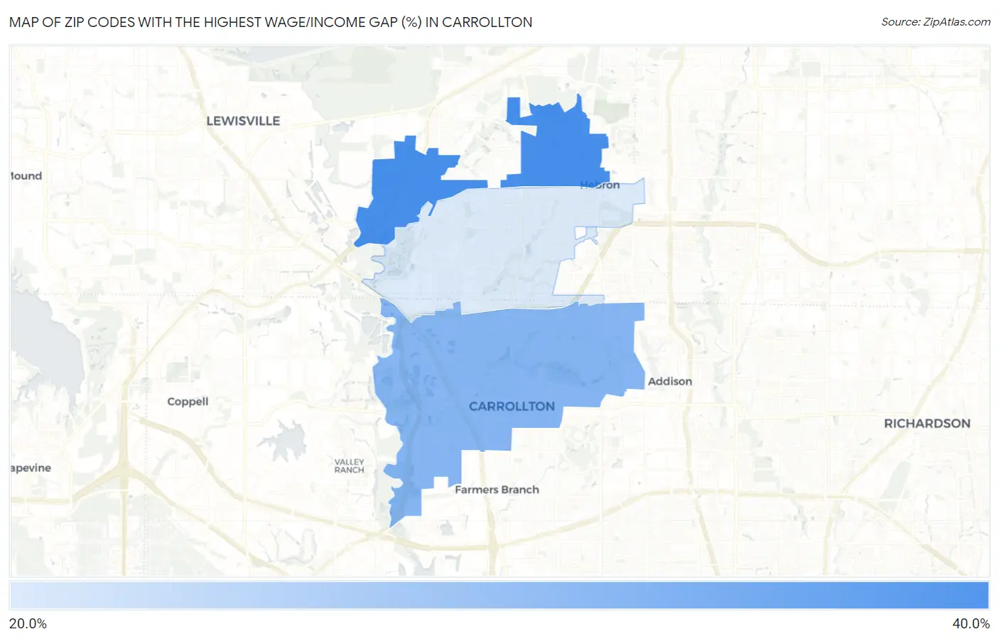 Zip Codes with the Highest Wage/Income Gap (%) in Carrollton Map