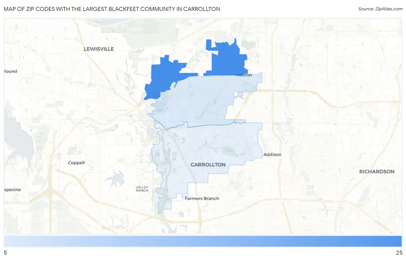 Zip Codes with the Largest Blackfeet Community in Carrollton Map