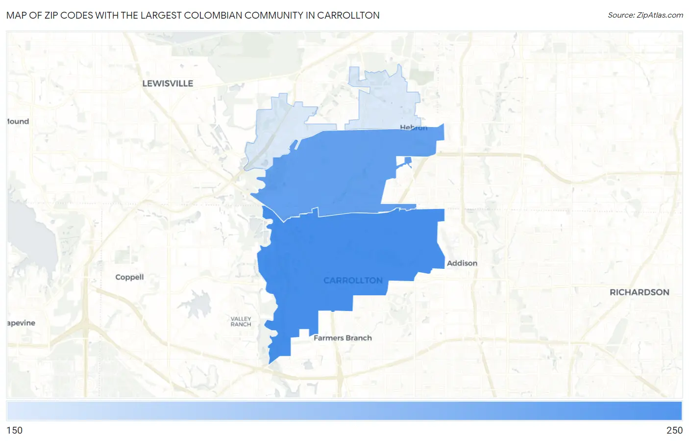 Zip Codes with the Largest Colombian Community in Carrollton Map