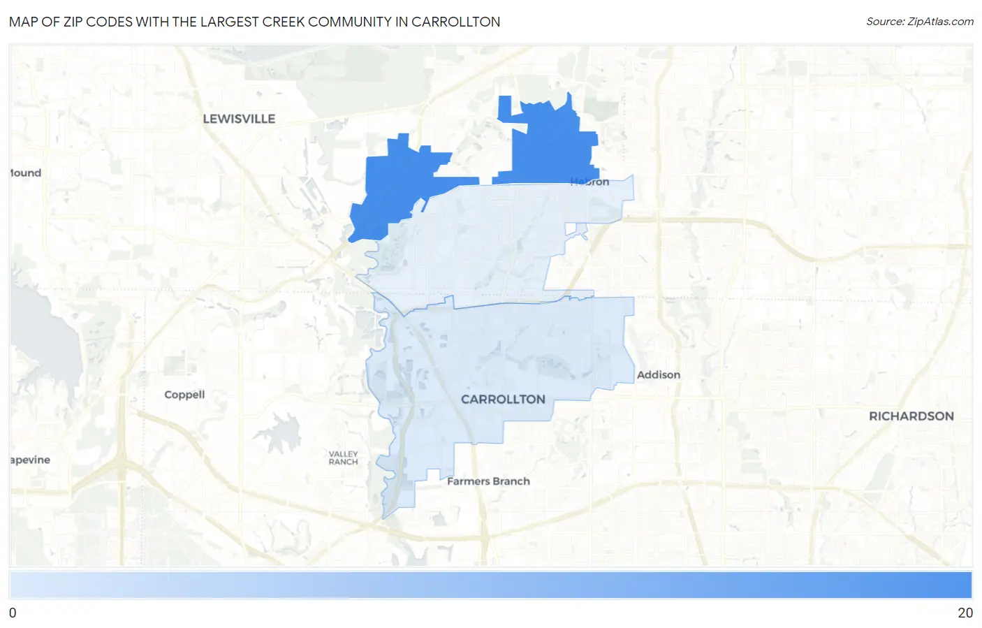 Zip Codes with the Largest Creek Community in Carrollton Map