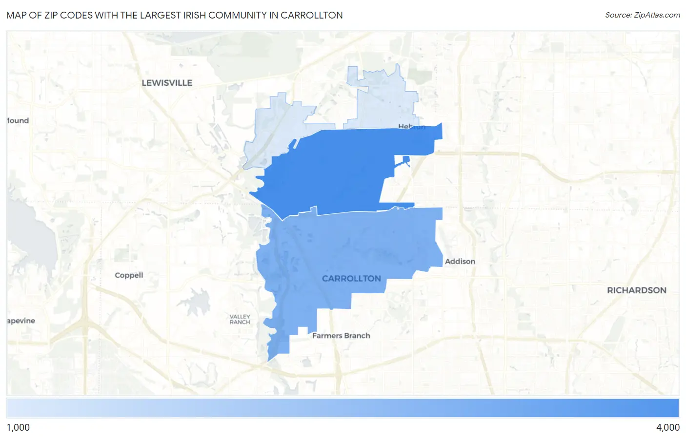Zip Codes with the Largest Irish Community in Carrollton Map