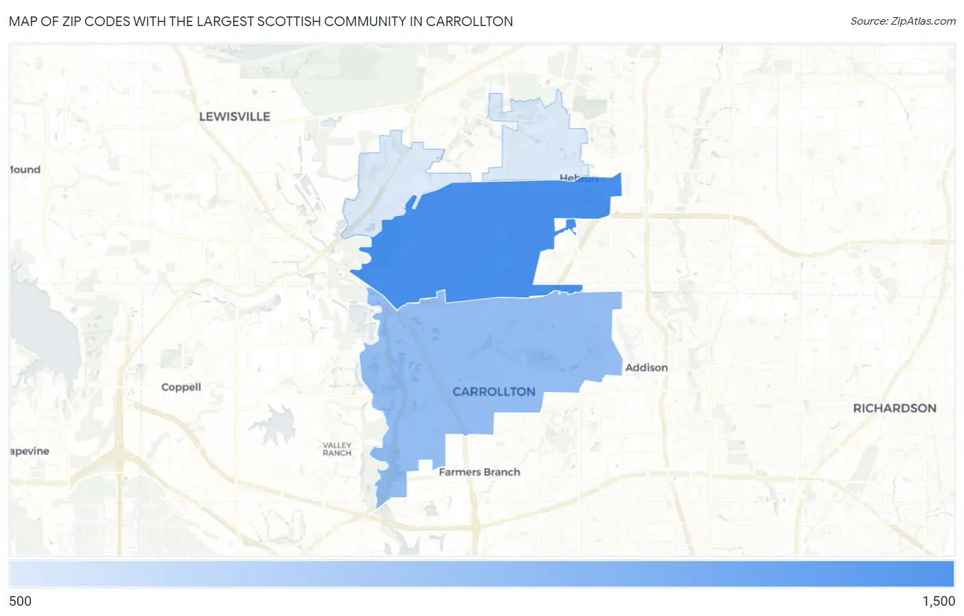 Zip Codes with the Largest Scottish Community in Carrollton Map