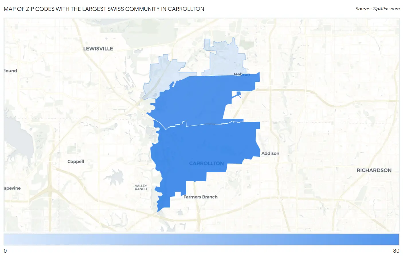 Zip Codes with the Largest Swiss Community in Carrollton Map