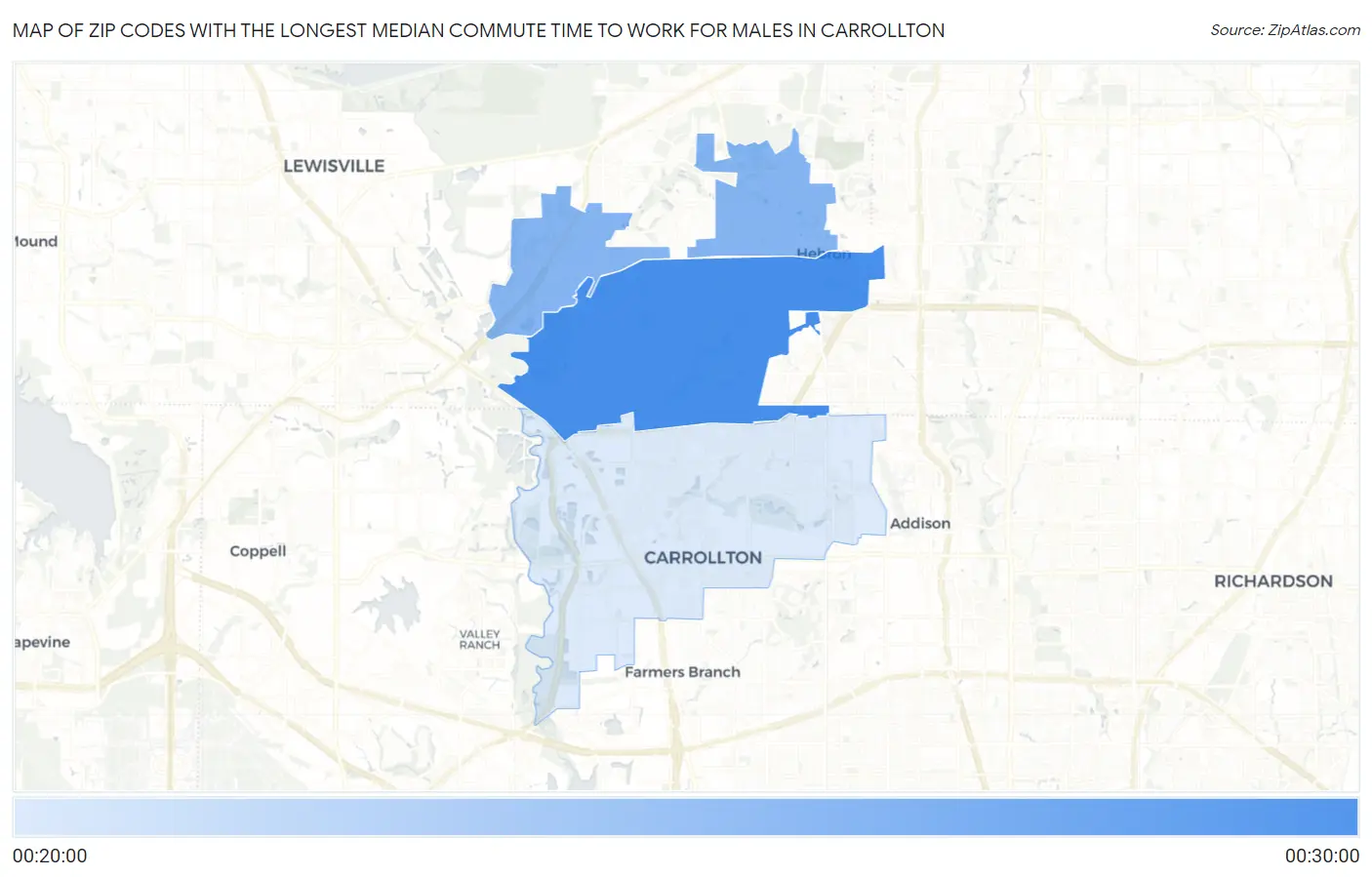 Zip Codes with the Longest Median Commute Time to Work for Males in Carrollton Map