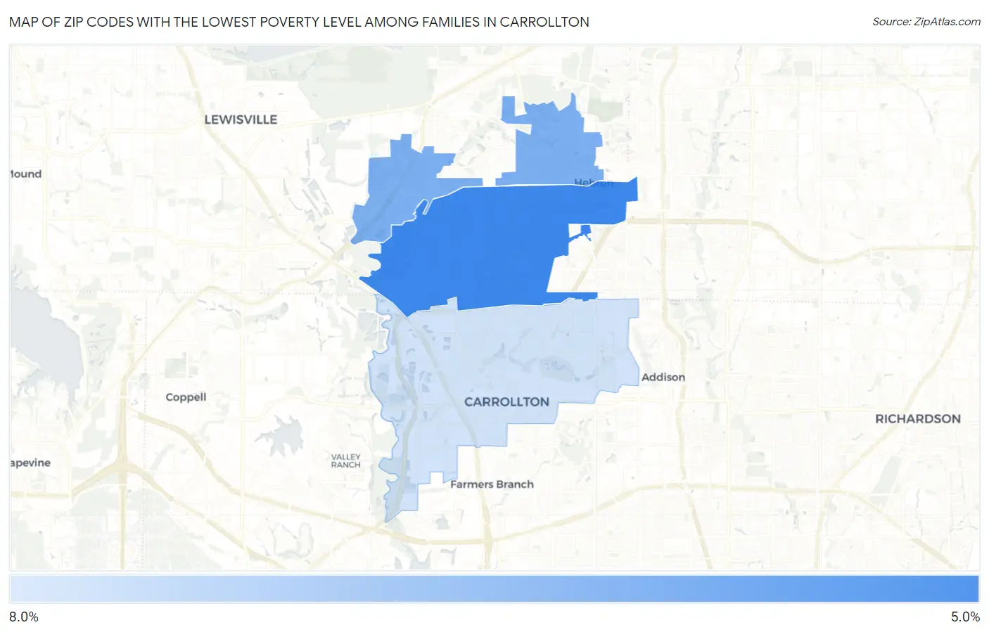Zip Codes with the Lowest Poverty Level Among Families in Carrollton Map
