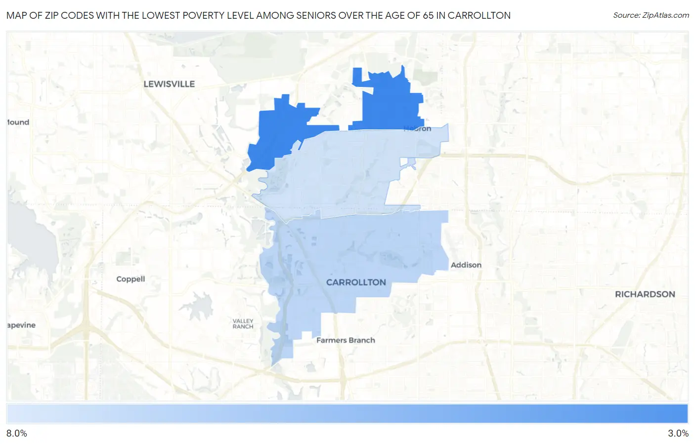 Zip Codes with the Lowest Poverty Level Among Seniors Over the Age of 65 in Carrollton Map