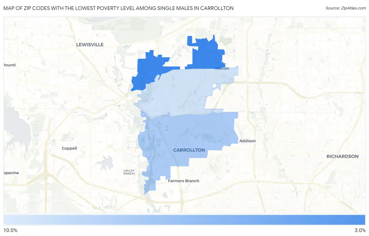 Zip Codes with the Lowest Poverty Level Among Single Males in Carrollton Map