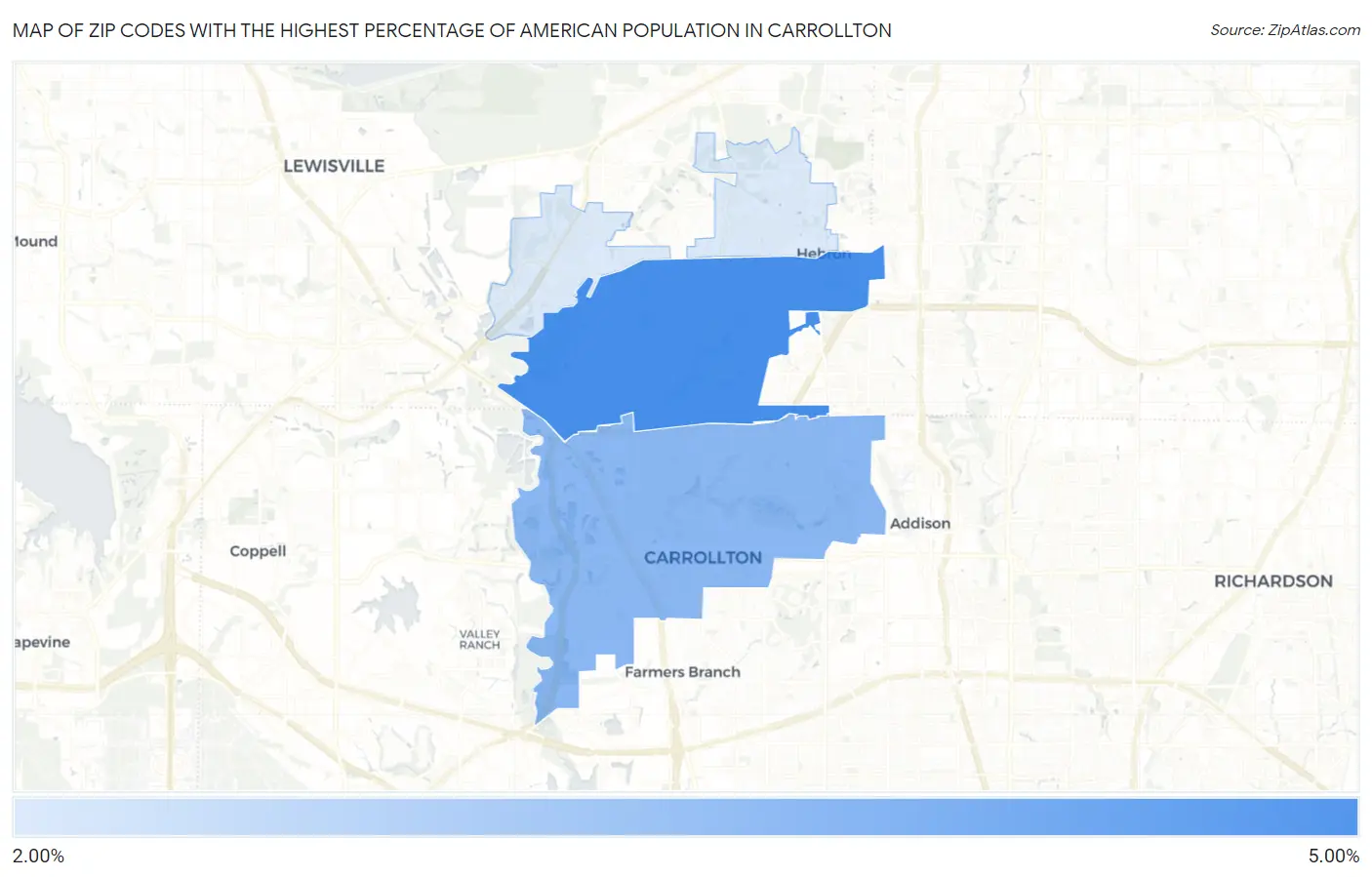 Zip Codes with the Highest Percentage of American Population in Carrollton Map