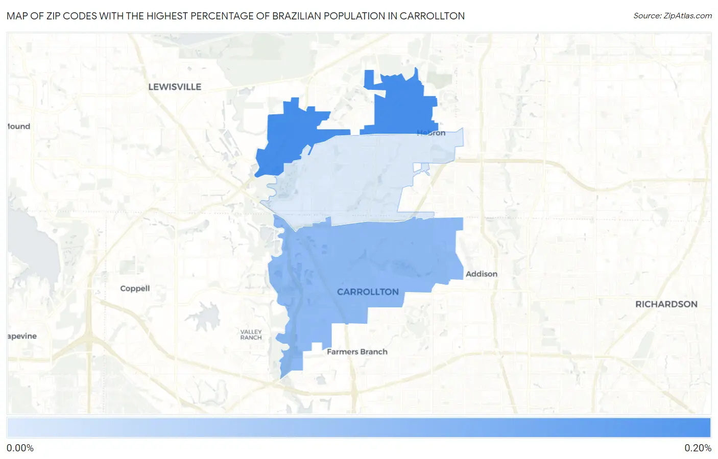 Zip Codes with the Highest Percentage of Brazilian Population in Carrollton Map