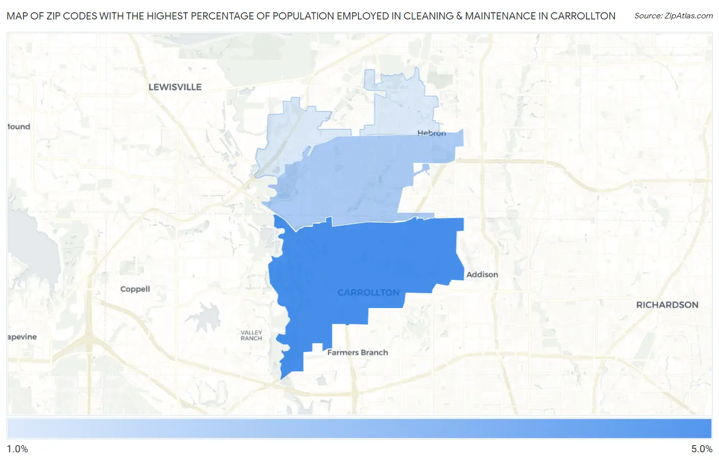 Zip Codes with the Highest Percentage of Population Employed in Cleaning & Maintenance in Carrollton Map