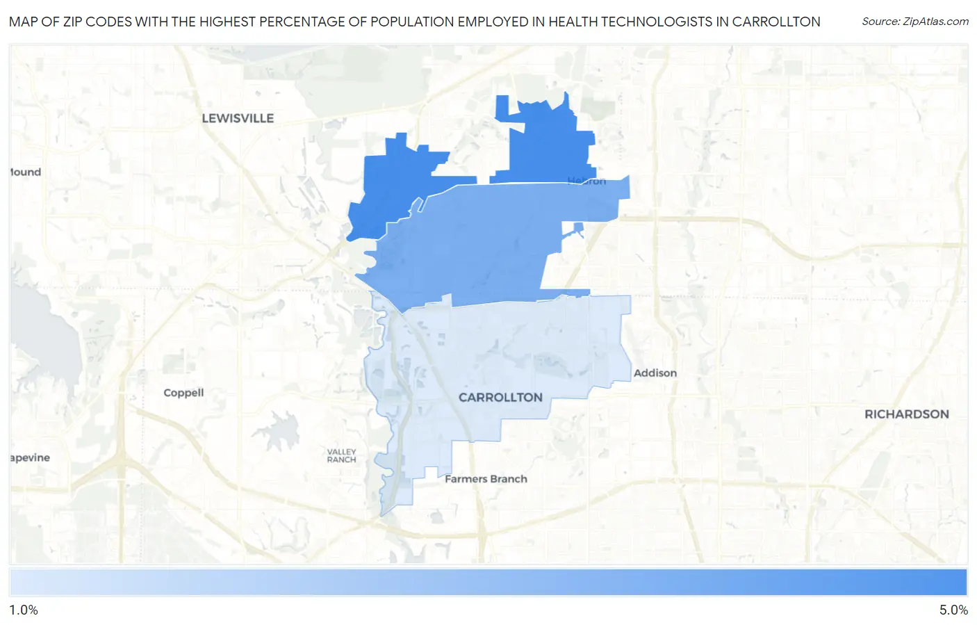 Zip Codes with the Highest Percentage of Population Employed in Health Technologists in Carrollton Map