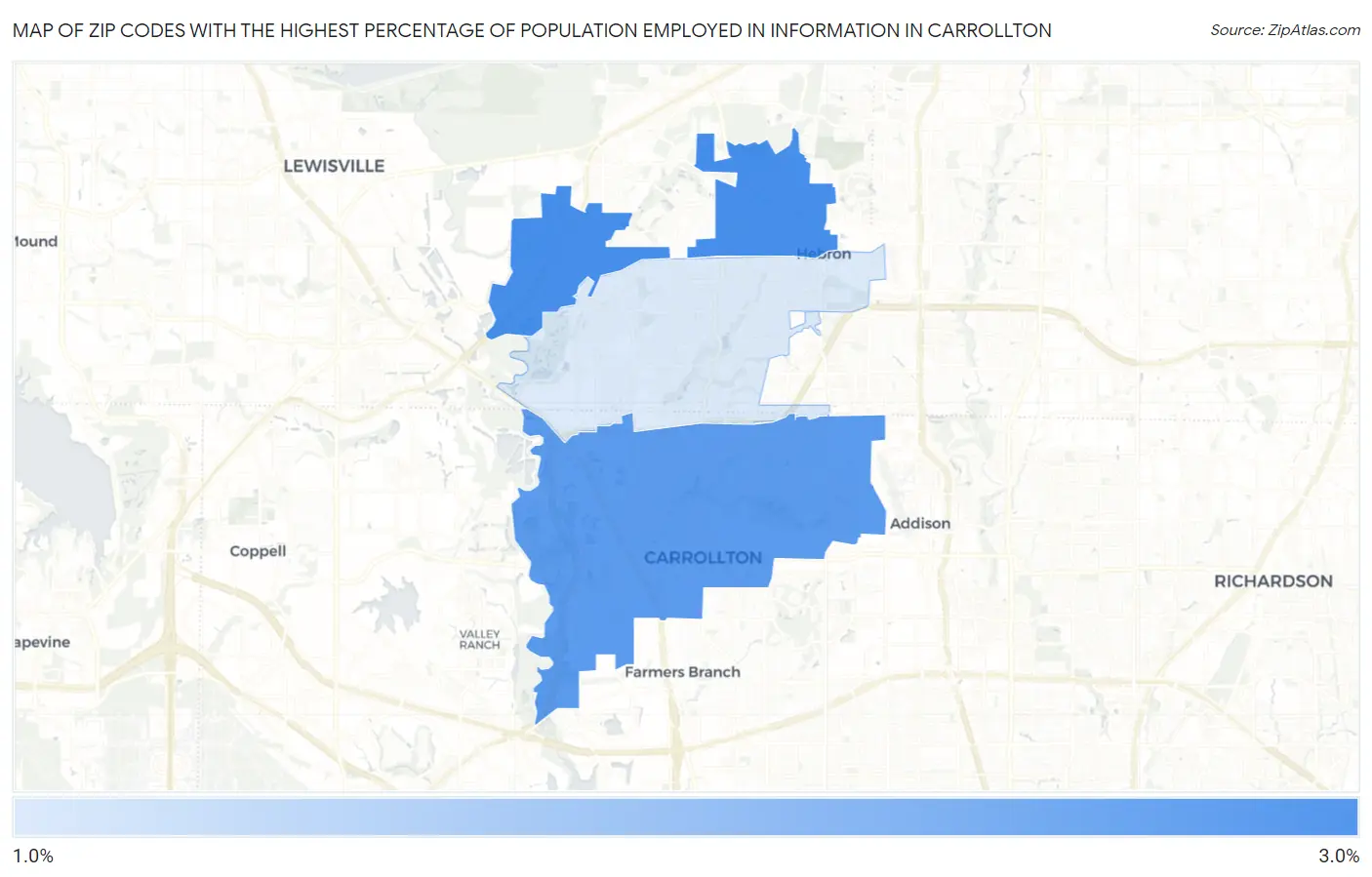Zip Codes with the Highest Percentage of Population Employed in Information in Carrollton Map