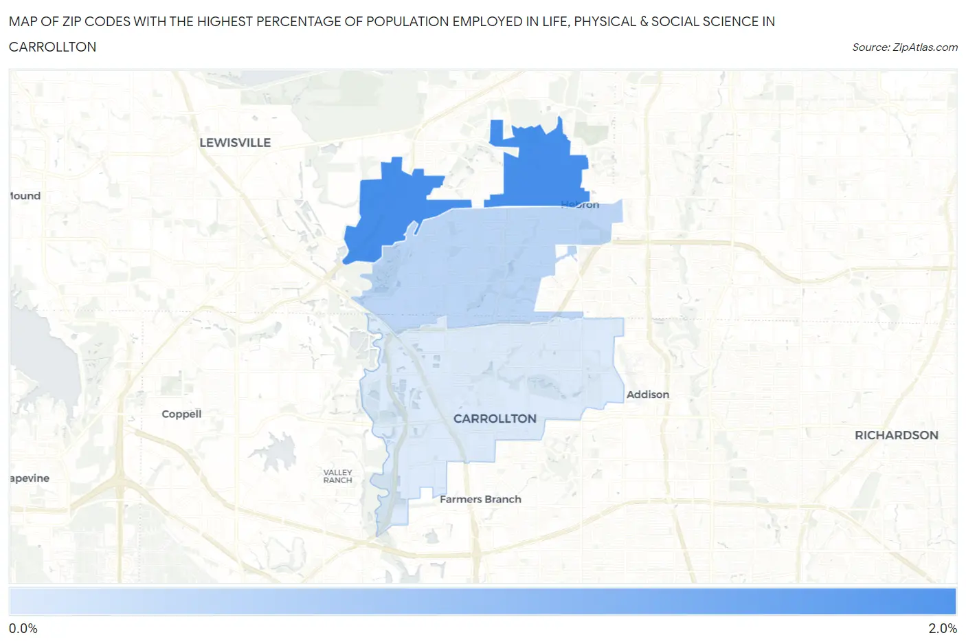 Zip Codes with the Highest Percentage of Population Employed in Life, Physical & Social Science in Carrollton Map