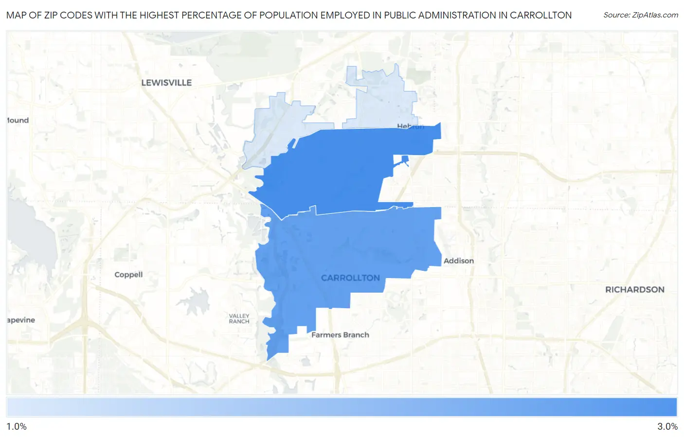 Zip Codes with the Highest Percentage of Population Employed in Public Administration in Carrollton Map