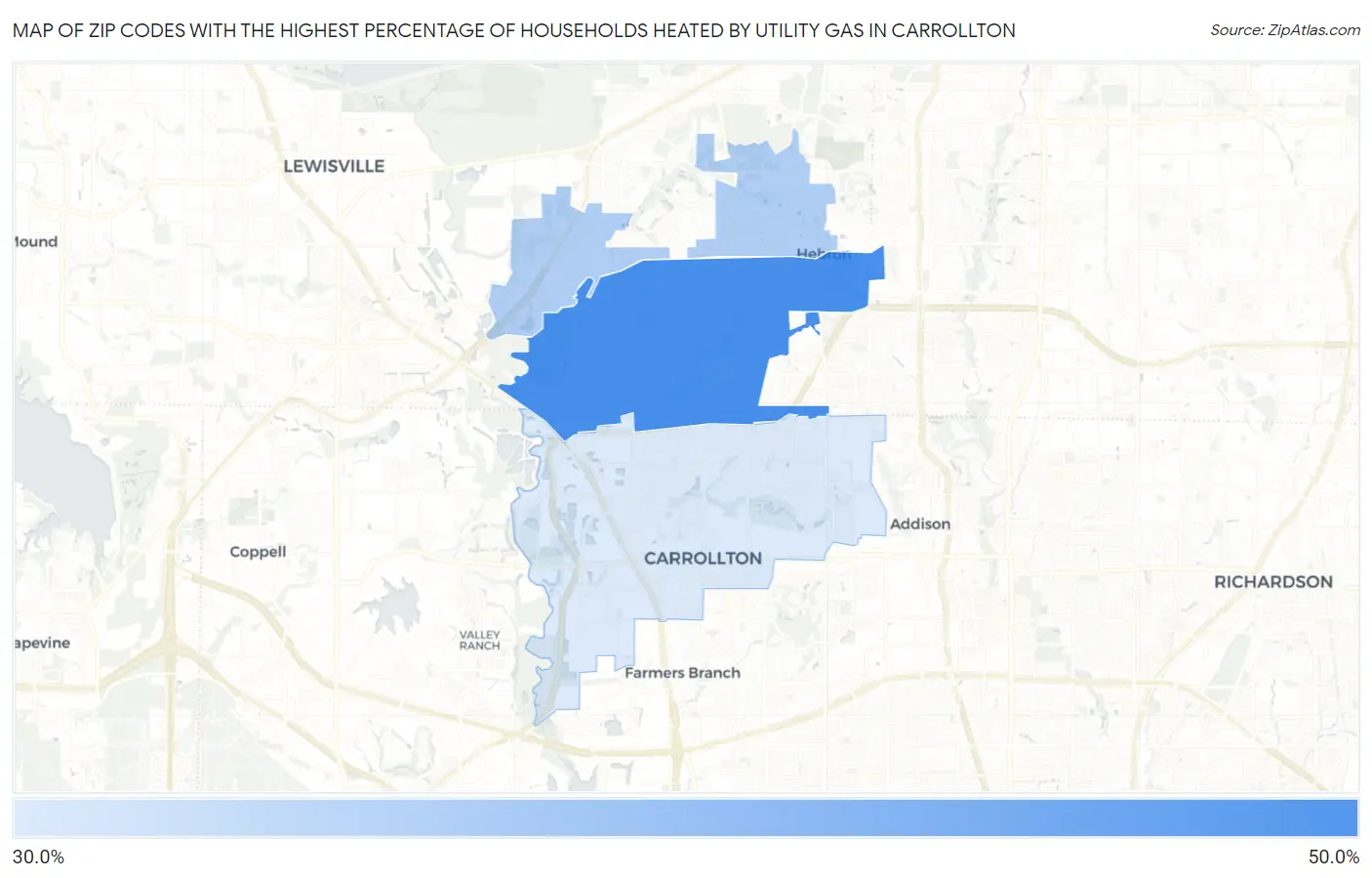 Zip Codes with the Highest Percentage of Households Heated by Utility Gas in Carrollton Map