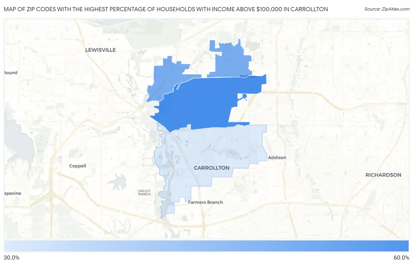 Zip Codes with the Highest Percentage of Households with Income Above $100,000 in Carrollton Map