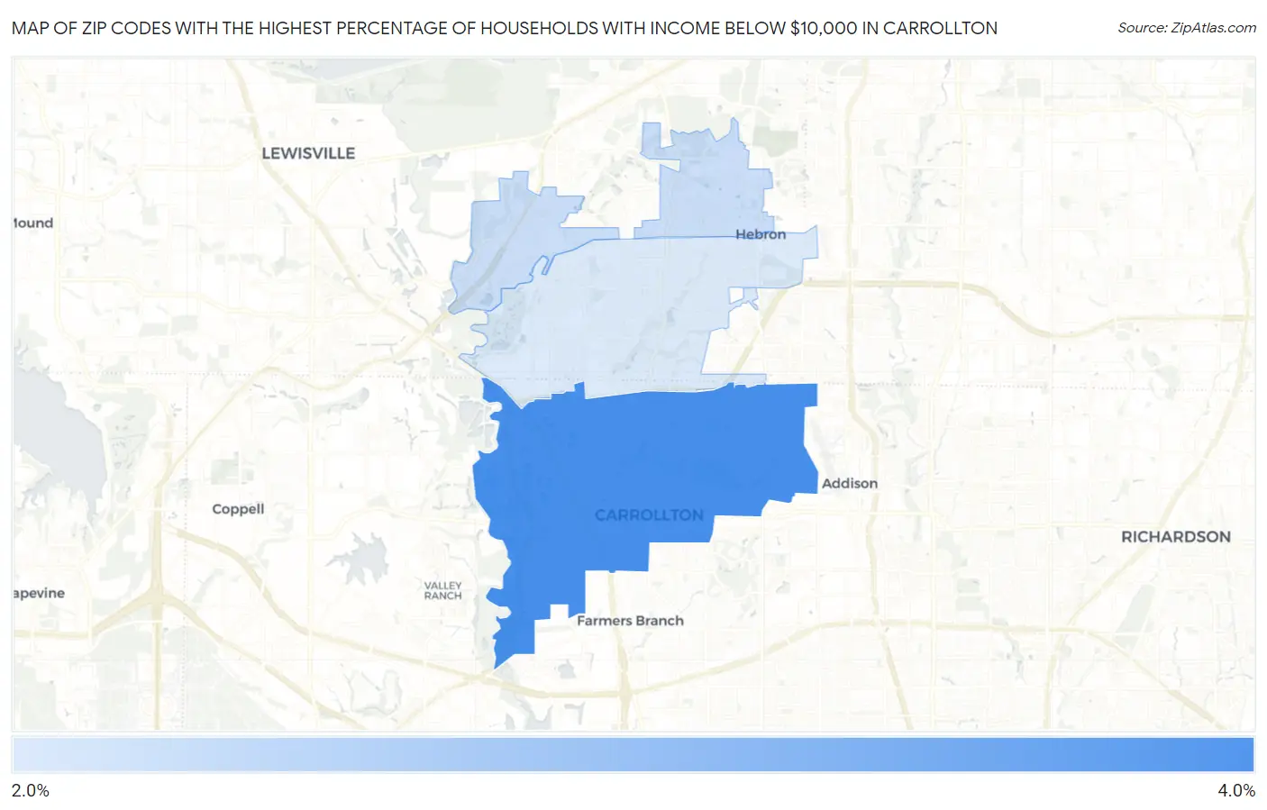 Zip Codes with the Highest Percentage of Households with Income Below $10,000 in Carrollton Map