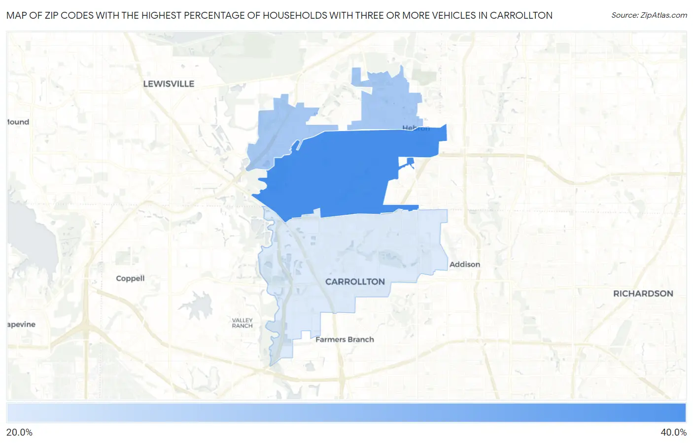 Zip Codes with the Highest Percentage of Households With Three or more Vehicles in Carrollton Map