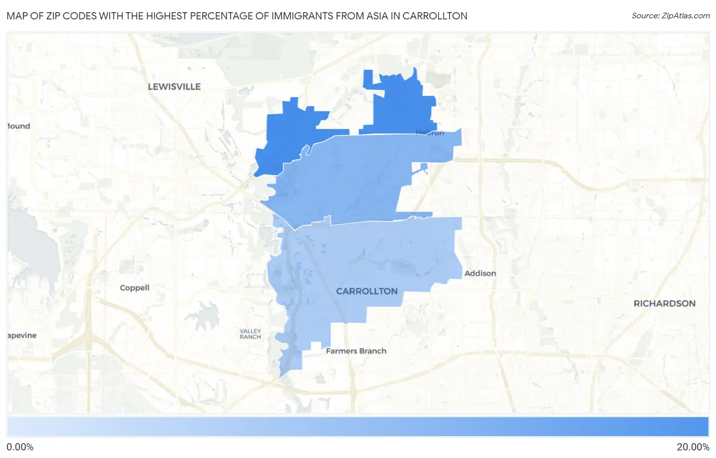 Zip Codes with the Highest Percentage of Immigrants from Asia in Carrollton Map