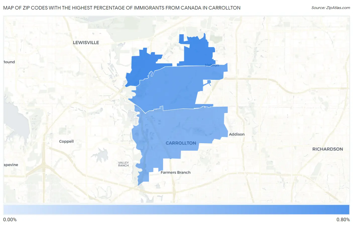 Zip Codes with the Highest Percentage of Immigrants from Canada in Carrollton Map