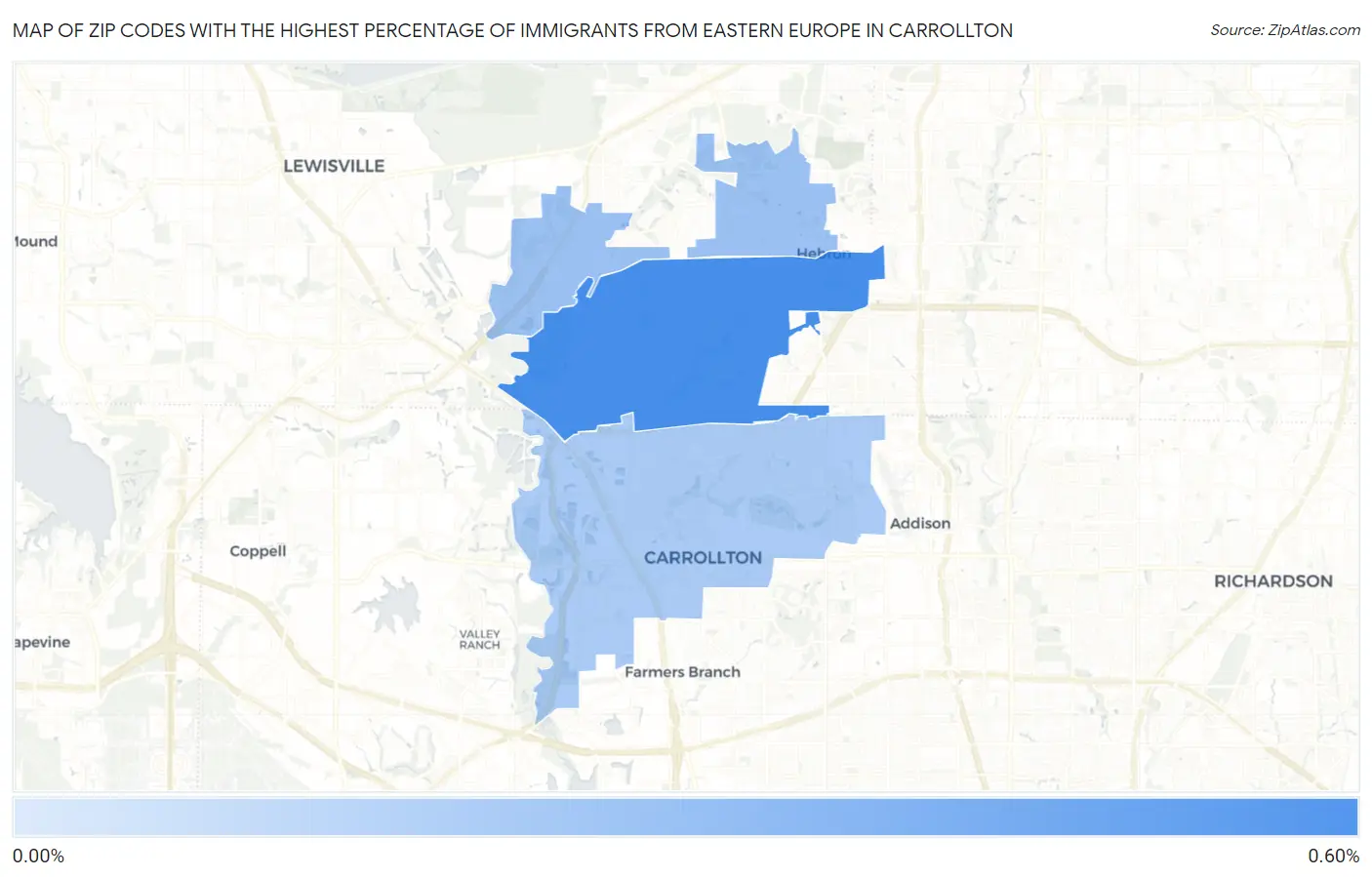Zip Codes with the Highest Percentage of Immigrants from Eastern Europe in Carrollton Map