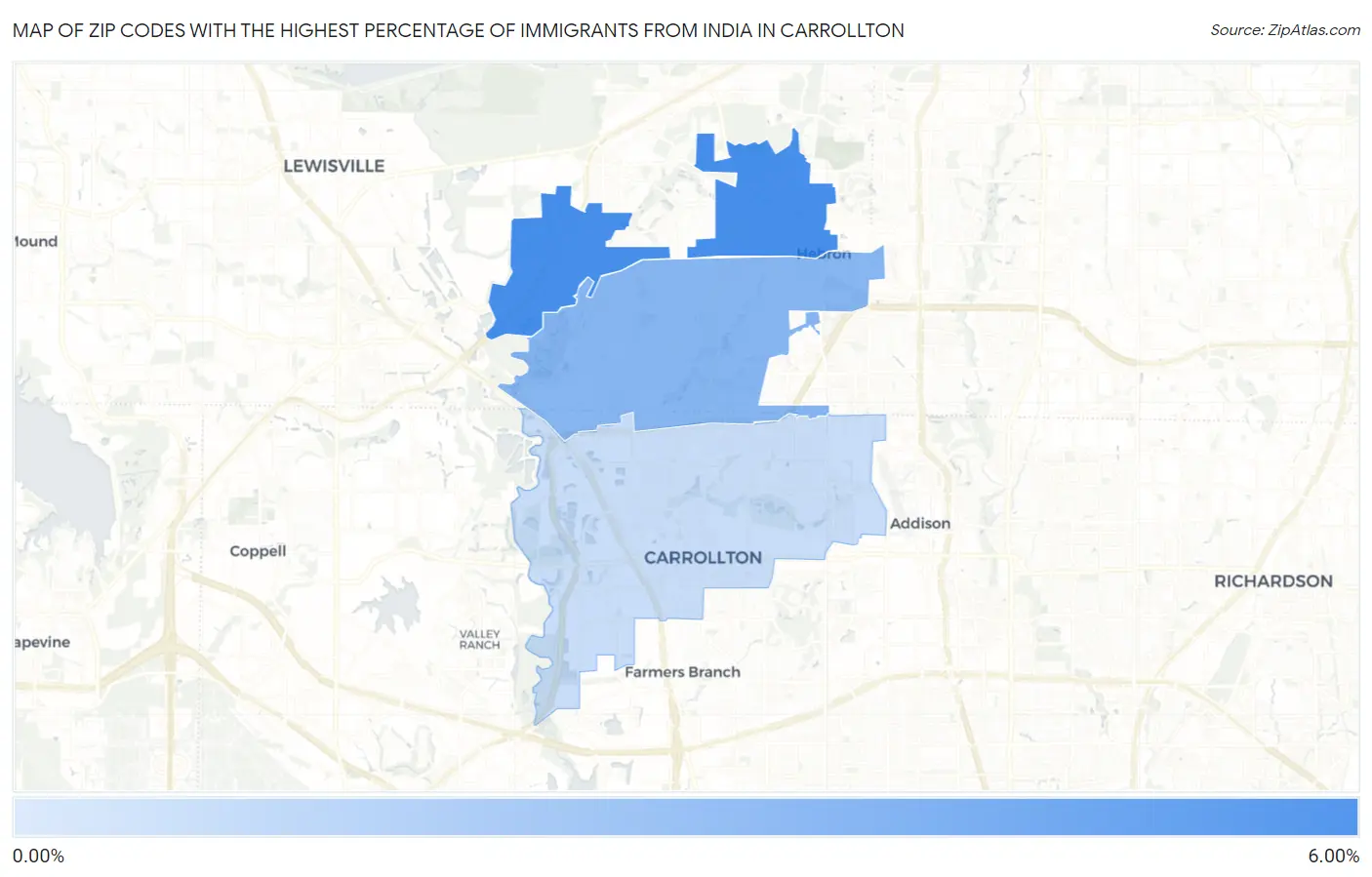 Zip Codes with the Highest Percentage of Immigrants from India in Carrollton Map