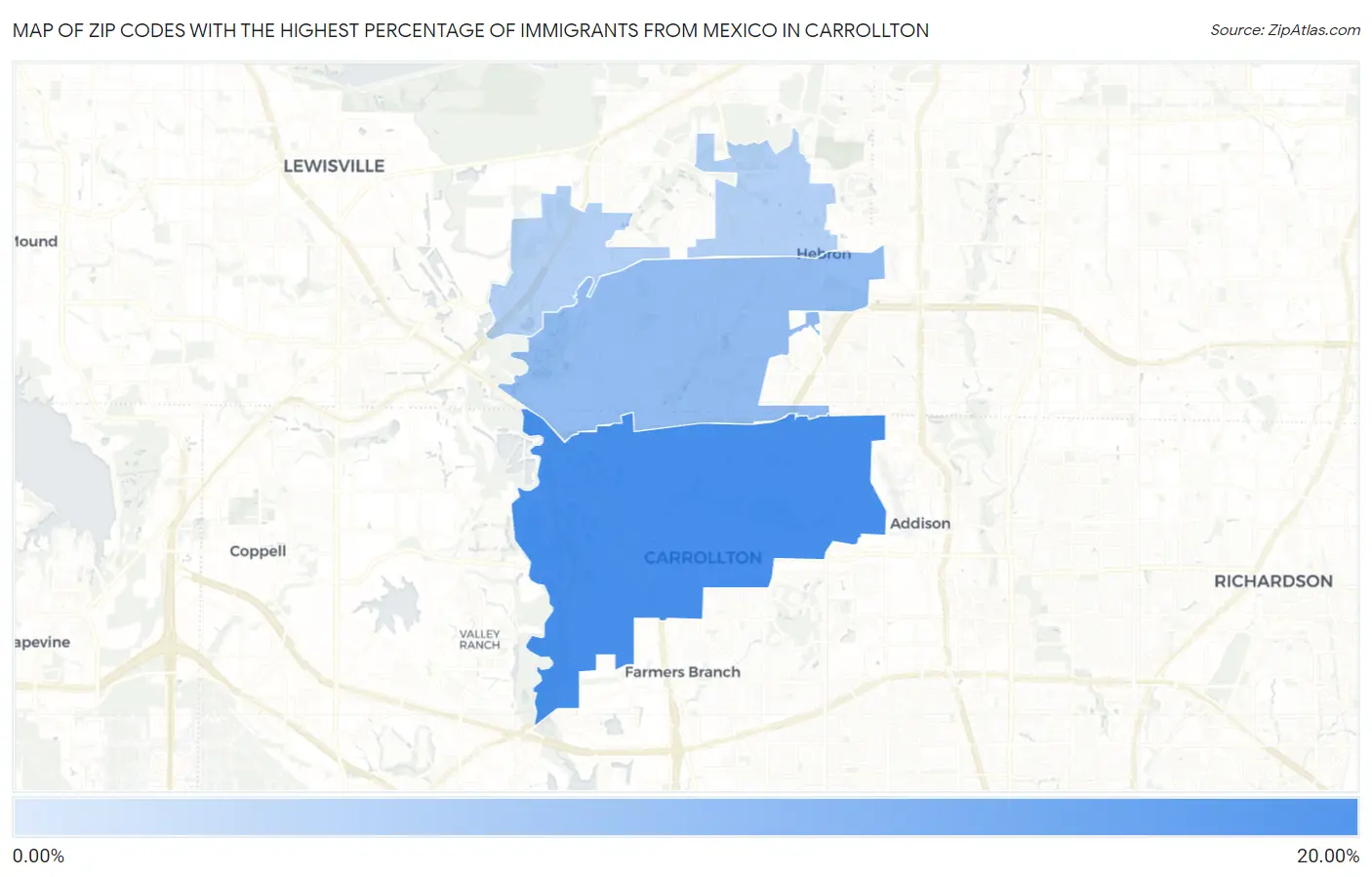 Zip Codes with the Highest Percentage of Immigrants from Mexico in Carrollton Map